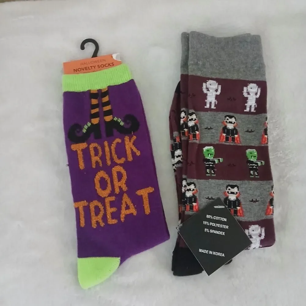 NWT 2 Pairs Halloween Socks Trick or Treat Witch Stripes Mummy Vampire Monster